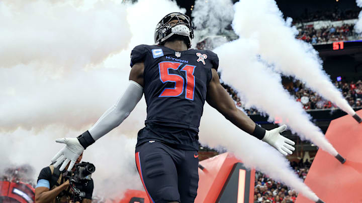 Dec 25, 2024; Houston, Texas, USA; Houston Texans defensive end Will Anderson Jr. (51) runs onto the field before the game against the Baltimore Ravens at NRG Stadium. Dec 25, 2024; Houston, Texas, USA; Houston Texans defensive end Will Anderson Jr. (51) runs onto the field before the game against the Baltimore Ravens at NRG Stadium.