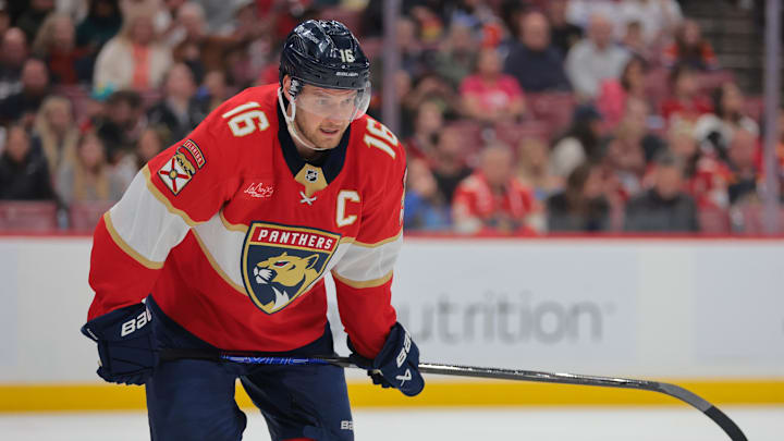 Feb 27, 2025; Sunrise, Florida, USA; Florida Panthers center Aleksander Barkov (16) looks on against the Edmonton Oilers during the first period at Amerant Bank Arena. Mandatory Credit: Sam Navarro-Imagn Images