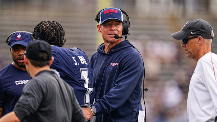 Sep 28, 2024; East Hartford, Connecticut, USA; Connecticut Huskies head coach Jim Mora watches from the sideline as they take on the Buffalo Bulls at Rentschler Field at Pratt & Whitney Stadium. Mandatory Credit: David Butler II-Imagn Images