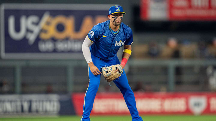 Sep 27, 2024; Minneapolis, Minnesota, USA; Minnesota Twins third baseman Royce Lewis (23) watches the pitch in the third inning agains the Baltimore Orioles at Target Field.