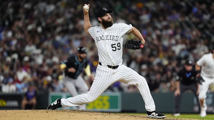 Jun 21, 2025; Denver, Colorado, USA; Colorado Rockies relief pitcher Jake Bird (59) delivers a pitch in the eighth inning against the Colorado Rockies at Coors Field. Mandatory Credit: Ron Chenoy-Imagn Images Jun 21, 2025; Denver, Colorado, USA; Colorado Rockies relief pitcher Jake Bird (59) delivers a pitch in the eighth inning against the Colorado Rockies at Coors Field. Mandatory Credit: Ron Chenoy-Imagn Images