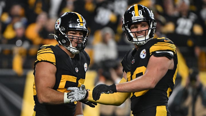 Oct 28, 2024; Pittsburgh, Pennsylvania, USA; Pittsburgh Steelers linebacker Alex Highsmith (56) celebrates with  T.J. Watt (90) after sacking New York Giants quarterback Daniel Jones (8) during the third quarter at Acrisure Stadium. Mandatory Credit: Barry Reeger-Imagn Images