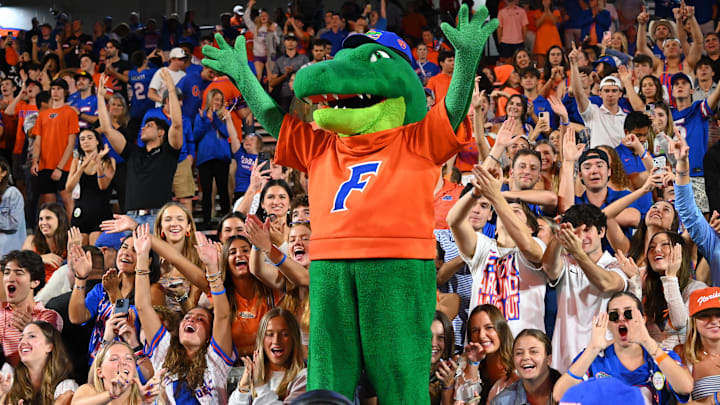Florida Gators mascot Albert the Alligator celebrates with fans after the team's win over Kentucky on Oct. 19, 2024.