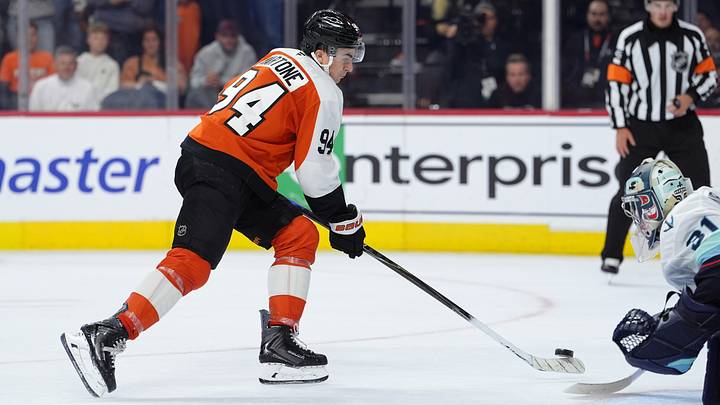 Oct 13, 2026; Philadelphia, Pennsylvania, USA; Philadelphia Flyers right-wing Porter Martone (94) shoots the puck against the Seattle Kraken during a shootout in overtime at Xfinity Mobile Arena.