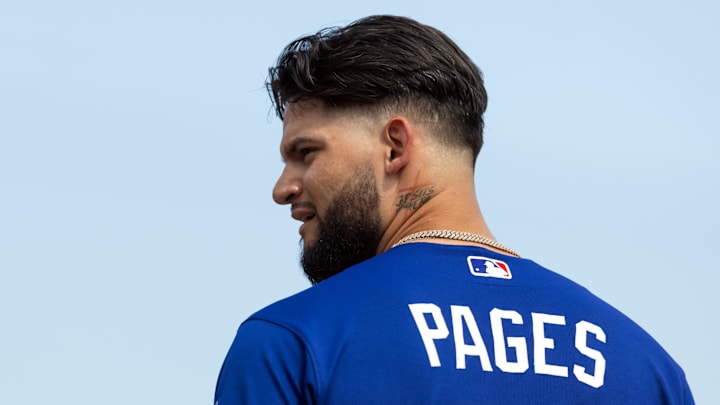Mar 1, 2026; Phoenix, Arizona, USA; Los Angeles Dodgers outfielder Andy Pages against the Los Angeles Angels during a spring training game at Camelback Ranch-Glendale. Mandatory Credit: Mark J. Rebilas-Imagn Images