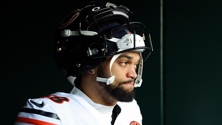 Nov 28, 2025; Philadelphia, Pennsylvania, USA; Chicago Bears quarterback Caleb Williams (18) looks on during warmups prior to the game against the Philadelphia Eagles at Lincoln Financial Field. 