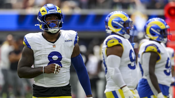 Sep 7, 2025; Inglewood, California, USA; Los Angeles Rams linebacker Jared Verse (8) wearing the NFL gold shield patch during the third quarter at SoFi Stadium. Mandatory Credit: Kiyoshi Mio-Imagn Images