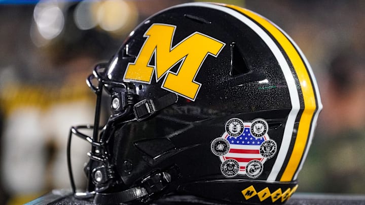 Nov 15, 2025; Columbia, Missouri, USA; A general view of a Missouri Tigers helmet against the Mississippi State Bulldogs during the first half of the game at Faurot Field at Memorial Stadium. 