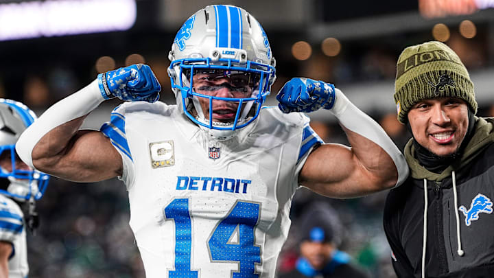 Detroit Lions wide receiver Amon-Ra St. Brown (14) poses for a photo at warmup ahead of the Philadelphia Eagles game at Lincoln Financial Field in Philadelphia on Sunday, November 16, 2025.