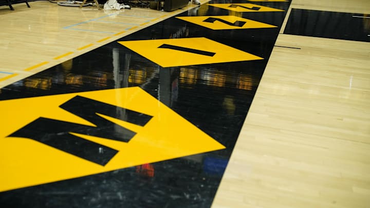 Dec 3, 2023; Columbia, Missouri, USA; A general view of the end court logo prior to a game between the Missouri Tigers and Wichita State Shockers at Mizzou Arena. Mandatory Credit: Denny Medley-Imagn Images