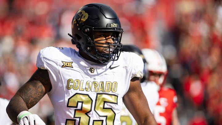 Oct 19, 2024; Tucson, Arizona, USA; Colorado Buffalos defensive end BJ Green II (35) against the Arizona Wildcats at Arizona Stadium. Mandatory Credit: Mark J. Rebilas-Imagn Images