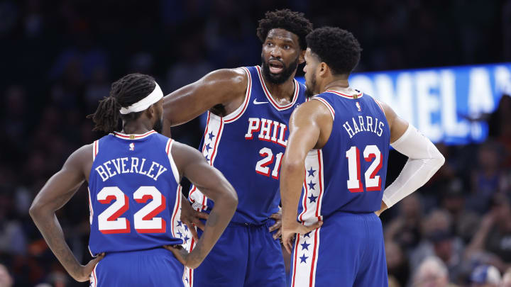 Nov 25, 2023; Oklahoma City, Oklahoma, USA; Philadelphia 76ers center Joel Embiid (21) talks to
