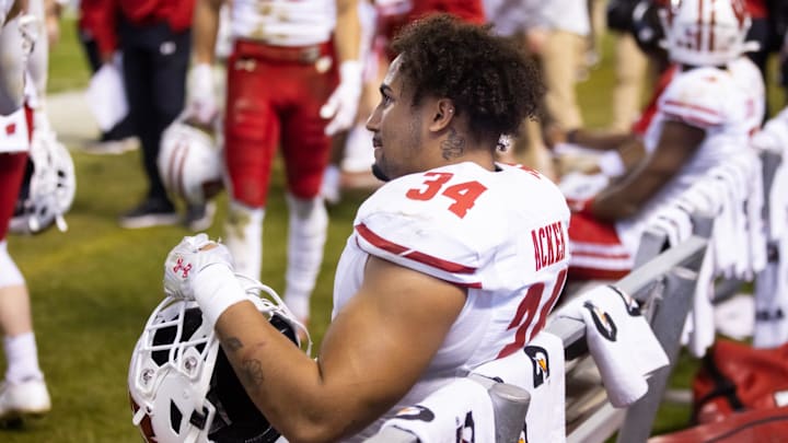 Dec 27, 2022; Phoenix, Arizona, USA; Wisconsin Badgers running back Jackson Acker (34) against the Oklahoma State Cowboys during the 2022 Guaranteed Rate Bowl at Chase Field Dec 27, 2022; Phoenix, Arizona, USA; Wisconsin Badgers running back Jackson Acker (34) against the Oklahoma State Cowboys during the 2022 Guaranteed Rate Bowl at Chase Field