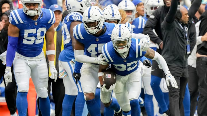 Indianapolis Colts linebacker E.J. Speed (45) celebrates with Indianapolis Colts safety Julian Blackmon (32) after he made an interception to end the game Sunday, Oct. 8, 2023, during a game against the Tennessee Titans at Lucas Oil Stadium in Indianapolis.