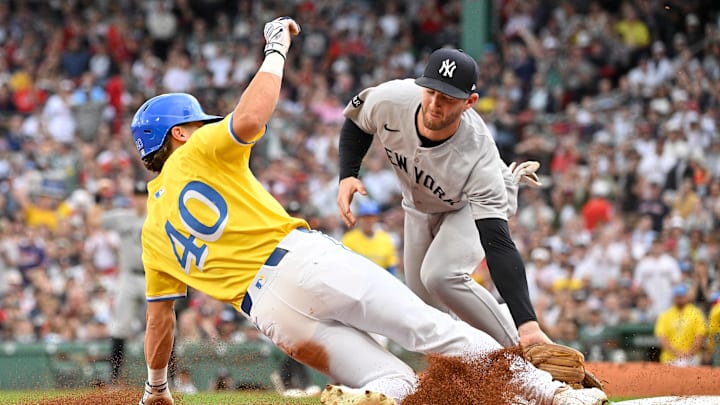 Sep 13, 2025; Boston, Massachusetts, USA; New York Yankees third baseman Ryan McMahon (19) tags Boston Red Sox right fielder Nate Eaton (40) out at third base during the second inning at Fenway Park. Mandatory Credit: Eric Canha-Imagn Images Sep 13, 2025; Boston, Massachusetts, USA; New York Yankees third baseman Ryan McMahon (19) tags Boston Red Sox right fielder Nate Eaton (40) out at third base during the second inning at Fenway Park. Mandatory Credit: Eric Canha-Imagn Images