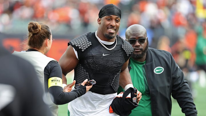 Breece Hall of the Jets celebrates his team's only win of the season. He could be a player on the trade market after Sunday.