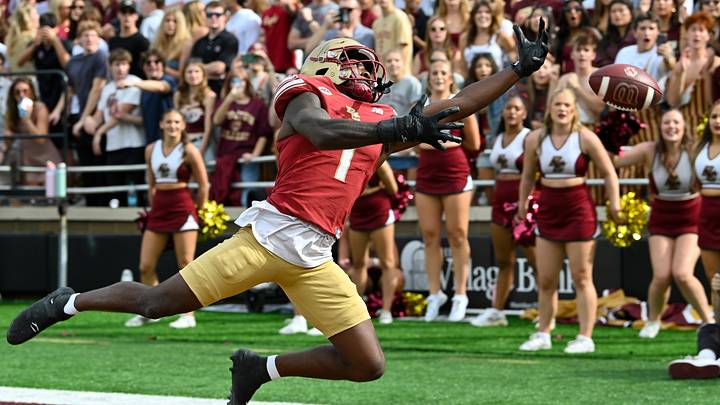 September 19, 2026; Chestnut Hill, Massachusetts, USA; Boston College Eagles wide receiver Jaedn Skeete (1) drops a pass in the end zone during the first half against the Maine Black Bears at Alumni Stadium. Mandatory Credit: Eric Canha-Imagn Images September 19, 2026; Chestnut Hill, Massachusetts, USA; Boston College Eagles wide receiver Jaedn Skeete (1) drops a pass in the end zone during the first half against the Maine Black Bears at Alumni Stadium. Mandatory Credit: Eric Canha-Imagn Images