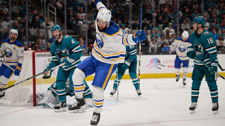Jan 27, 2024; San Jose, California, USA; Buffalo Sabres left wing Jordan Greenway (12) reacts after