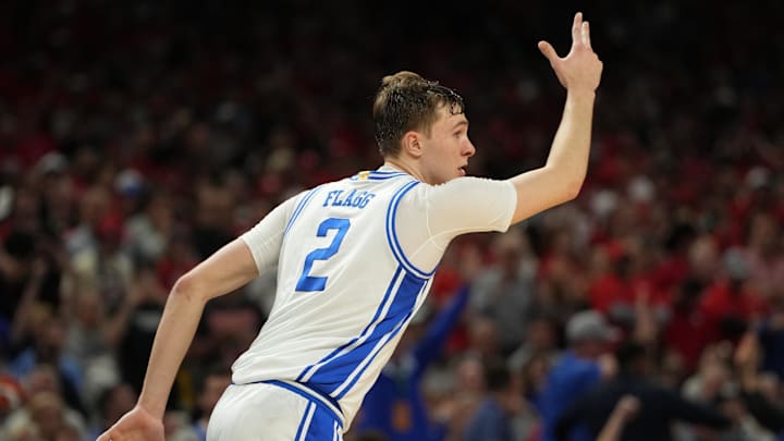 Apr 5, 2025; San Antonio, TX, USA; Duke Blue Devils forward Cooper Flagg (2) reacts after a play against the Houston Cougars during the second half in the semifinals of the men's Final Four of the 2025 NCAA Tournament at the Alamodome. Mandatory Credit: Bob Donnan-Imagn Images