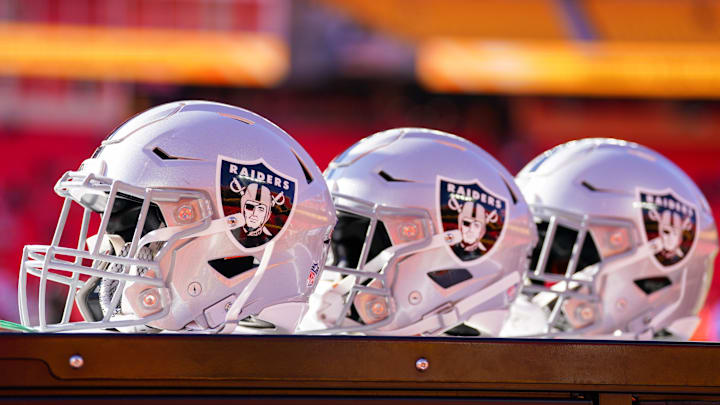 Nov 29, 2024; Kansas City, Missouri, USA; A general view of Las Vegas Raiders helmets against the Kansas City Chiefs prior to a game at GEHA Field at Arrowhead Stadium. Mandatory Credit: Denny Medley-Imagn Images Nov 29, 2024; Kansas City, Missouri, USA; A general view of Las Vegas Raiders helmets against the Kansas City Chiefs prior to a game at GEHA Field at Arrowhead Stadium. Mandatory Credit: Denny Medley-Imagn Images
