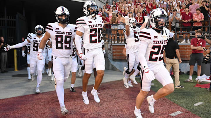 Sep 7, 2024; Pullman, Washington, USA; Texas Tech Red Raiders run onto the field for a game against the Washington State Cougars at Gesa Field at Martin Stadium. Mandatory Credit: James Snook-Imagn Images