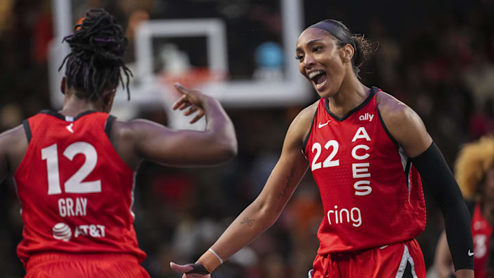 Aug 27, 2025; College Park, Georgia, USA; Las Vegas Aces players react during the game against the Atlanta Dream during the second half at Gateway Center Arena at College Park. Mandatory Credit: Dale Zanine-Imagn Images