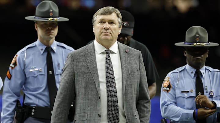 Jan 1, 2026; New Orleans, LA, USA; Georgia Bulldogs head coach Kirby Smart walks on the field prior to the 2026 Sugar Bowl and quarterfinal game of the College Football Playoff prior to the game against the Mississippi Rebels at Caesars Superdome. Mandatory Credit: Amber Searls-Imagn Images