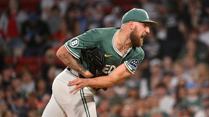 May 16, 2025; Boston, Massachusetts, USA; Boston Red Sox starting pitcher Garrett Crochet (35) throws against the Atlanta Braves during the fifth inning at Fenway Park. Mandatory Credit: Eric Canha-Imagn Images