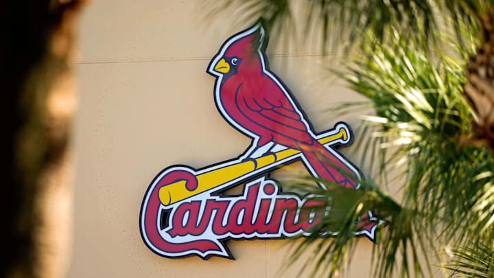 Feb 26, 2021; Jupiter, Florida, USA; A general view of the St. Louis Cardinals logo on the stadium at Roger Dean Stadium during spring training workouts. Mandatory Credit: Jasen Vinlove-Imagn Images