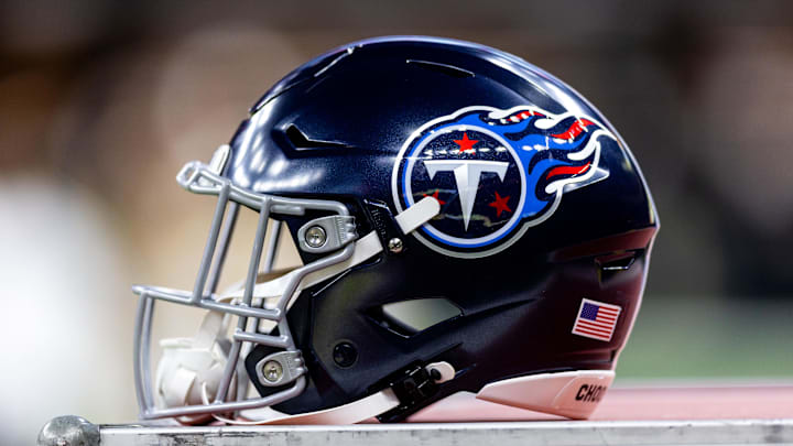 Aug 25, 2024; New Orleans, Louisiana, USA;  Detailed view of the Tennessee Titans helmet against the New Orleans Saints during the first half at Caesars Superdome. Mandatory Credit: Stephen Lew-Imagn Images