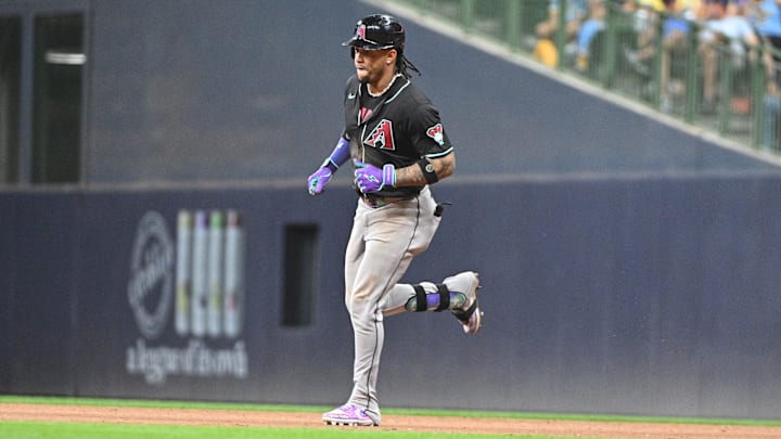 Sep 21, 2024; Milwaukee, Wisconsin, USA; Arizona Diamondbacks second base Ketel Marte (4) rounds the bases after hitting a home run against the Milwaukee Brewers in the ninth inning at American Family Field. Mandatory Credit: Michael McLoone-Imagn Images