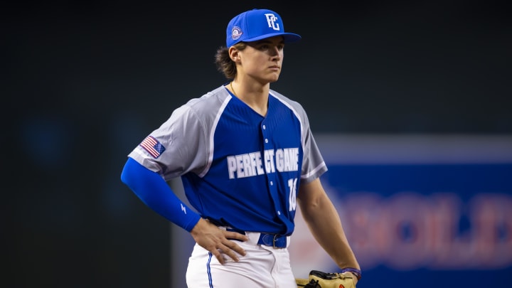 Aug 28, 2022; Phoenix, Arizona, US; East infielder Aidan Miller (16) during the Perfect Game All-American Classic high school baseball game at Chase Field. Aug 28, 2022; Phoenix, Arizona, US; East infielder Aidan Miller (16) during the Perfect Game All-American Classic high school baseball game at Chase Field.
