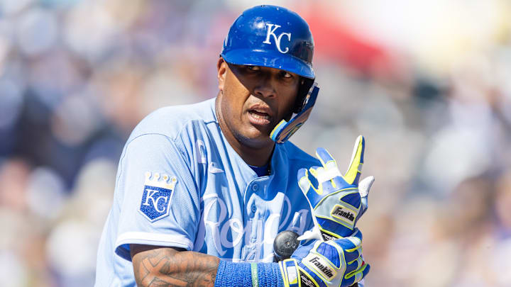 Feb 25, 2026; Surprise, Arizona, USA; Kansas City Royals designated hitter Salvador Perez against the Seattle Mariners during a spring training game at Surprise Stadium. Mandatory Credit: Mark J. Rebilas-Imagn Images