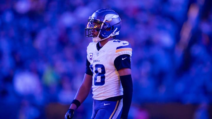 Jan 13, 2025; Glendale, AZ, USA; Minnesota Vikings wide receiver Justin Jefferson (18) against the Los Angeles Rams during an NFC wild card game at State Farm Stadium. Mandatory Credit: Mark J. Rebilas-Imagn Images Jan 13, 2025; Glendale, AZ, USA; Minnesota Vikings wide receiver Justin Jefferson (18) against the Los Angeles Rams during an NFC wild card game at State Farm Stadium. Mandatory Credit: Mark J. Rebilas-Imagn Images