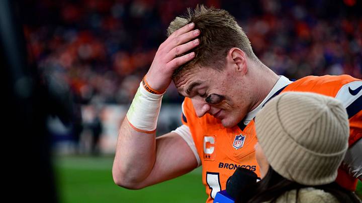 DENVER, CO - JANUARY 17: Denver Broncos quarterback Bo Nix (10) gives an interview to Tracy Wolfson of CBS sports after the AFC Divisional Round game against the Buffalo Bills at Empower Field at Mile High on January 17, 2026 in Denver, Colorado. DENVER, CO - JANUARY 17: Denver Broncos quarterback Bo Nix (10) gives an interview to Tracy Wolfson of CBS sports after the AFC Divisional Round game against the Buffalo Bills at Empower Field at Mile High on January 17, 2026 in Denver, Colorado.