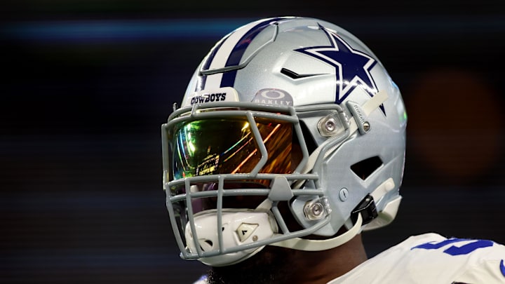 Jan 14, 2024; Arlington, Texas, USA; Dallas Cowboys defensive end DeMarcus Lawrence (90) practices before the 2024 NFC wild card game against the Green Bay Packers at AT&T Stadium. Mandatory Credit: Tim Heitman-Imagn Images