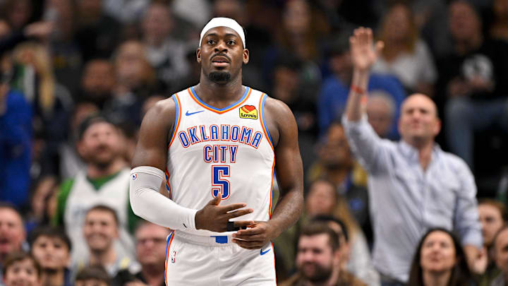 Jan 17, 2025; Dallas, Texas, USA; Oklahoma City Thunder guard Luguentz Dort (5) reacts to receiving a technical foul during the second quarter against the Dallas Mavericks at the American Airlines Center. Mandatory Credit: Jerome Miron-Imagn Images Jan 17, 2025; Dallas, Texas, USA; Oklahoma City Thunder guard Luguentz Dort (5) reacts to receiving a technical foul during the second quarter against the Dallas Mavericks at the American Airlines Center. Mandatory Credit: Jerome Miron-Imagn Images
