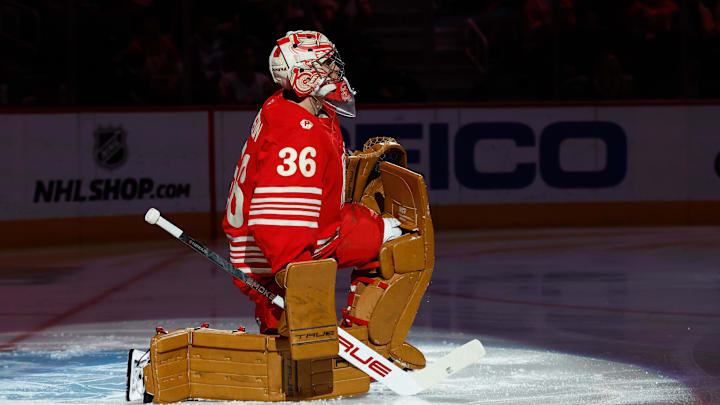 Jan 31, 2026; Detroit, Michigan, USA;  Detroit Red Wings goaltender John Gibson (36) before a game against the Colorado Avalanche at Little Caesars Arena. Mandatory Credit: Rick Osentoski-Imagn Images