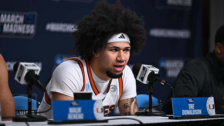 Mar 20, 2026; St. Louis, MO, USA; Miami (FL) Hurricanes guard Tre Donaldson (3) answers questions at a press conference after the game against Missouri Tigers during a first round game of the men's 2026 NCAA Tournament at Enterprise Center. Mandatory Credit: Jeff Le-Imagn Images Mar 20, 2026; St. Louis, MO, USA; Miami (FL) Hurricanes guard Tre Donaldson (3) answers questions at a press conference after the game against Missouri Tigers during a first round game of the men's 2026 NCAA Tournament at Enterprise Center. Mandatory Credit: Jeff Le-Imagn Images