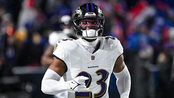 Jan 19, 2025; Orchard Park, New York, USA; Baltimore Ravens linebacker Trenton Simpson (23) enters the field before a 2025 AFC divisional round game against the Buffalo Bills at Highmark Stadium. Mandatory Credit: Mark Konezny-Imagn Images Jan 19, 2025; Orchard Park, New York, USA; Baltimore Ravens linebacker Trenton Simpson (23) enters the field before a 2025 AFC divisional round game against the Buffalo Bills at Highmark Stadium. Mandatory Credit: Mark Konezny-Imagn Images