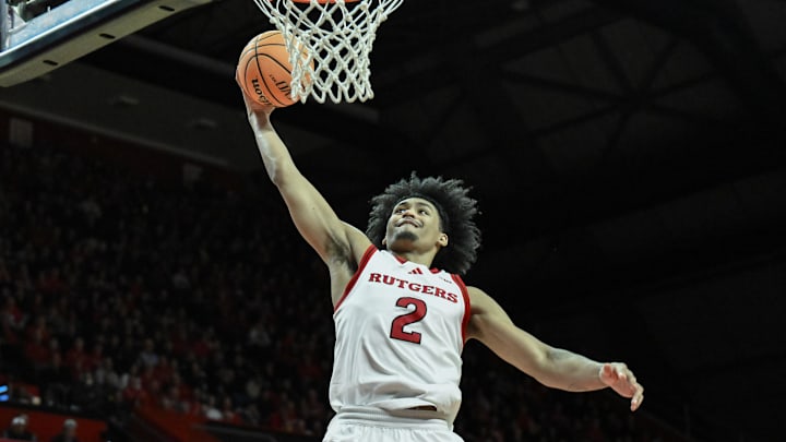 Feb 23, 2025; Piscataway, New Jersey, USA; Rutgers Scarlet Knights guard Dylan Harper (2) dunks the ball during the second half against the USC Trojans at Jersey Mike's Arena. Mandatory Credit: John Jones-Imagn Images Feb 23, 2025; Piscataway, New Jersey, USA; Rutgers Scarlet Knights guard Dylan Harper (2) dunks the ball during the second half against the USC Trojans at Jersey Mike's Arena. Mandatory Credit: John Jones-Imagn Images