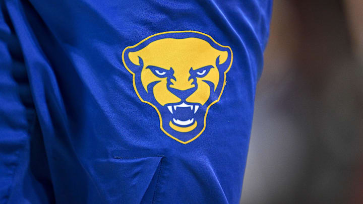 Feb 11, 2025; Dallas, Texas, USA; A view of the logo of the Pittsburgh Panthers during the second half against the Southern Methodist Mustangs at Moody Coliseum. Mandatory Credit: Jerome Miron-Imagn Images Feb 11, 2025; Dallas, Texas, USA; A view of the logo of the Pittsburgh Panthers during the second half against the Southern Methodist Mustangs at Moody Coliseum. Mandatory Credit: Jerome Miron-Imagn Images