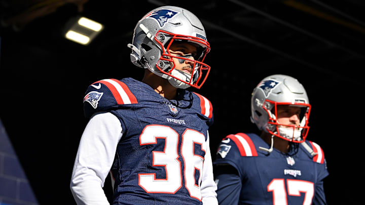 Nov 2, 2025; Foxborough, Massachusetts, USA; New England Patriots place kicker Andy Borregales (36) heads to the field before a game against the Atlanta Falcons at Gillette Stadium. Mandatory Credit: Eric Canha-Imagn Images