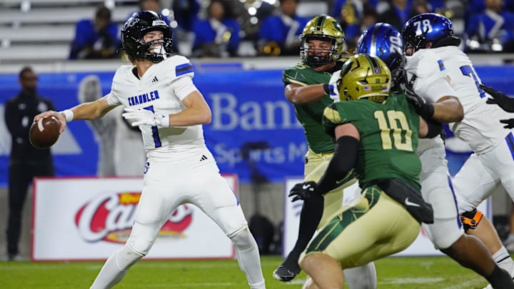 Chandler quarterback Will Mencl (7) throws against Basha during the Open state championship at Mountain America Stadium in Tempe on Dec. 6, 2025.