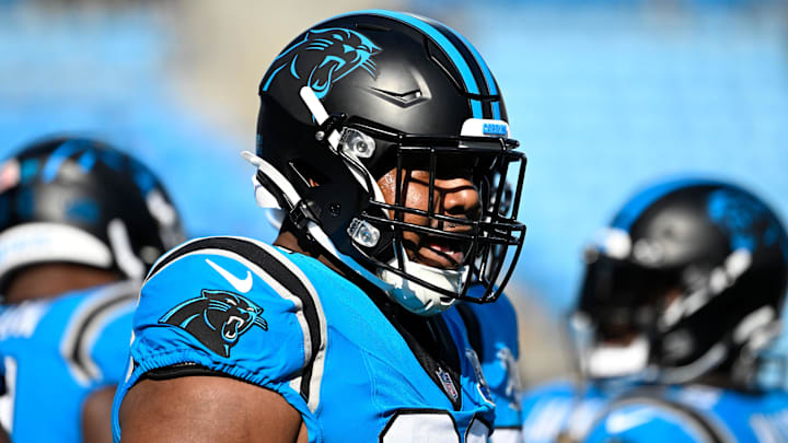 Oct 13, 2024; Charlotte, North Carolina, USA; Carolina Panthers defensive tackle Shy Tuttle (99) before the game at Bank of America Stadium. Mandatory Credit: Bob Donnan-Imagn Images
