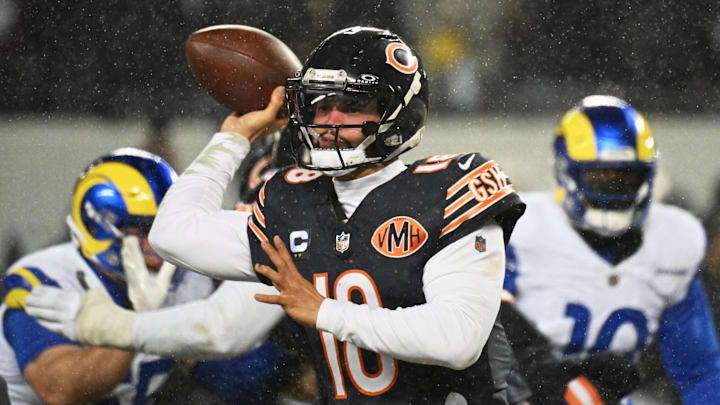 Jan 18, 2026; Chicago, IL, USA; Chicago Bears quarterback Caleb Williams (18) throws a pass against the Los Angeles Rams during the third quarter of an NFC Divisional Round game at Soldier Field. Mandatory Credit: Matt Marton-Imagn Images