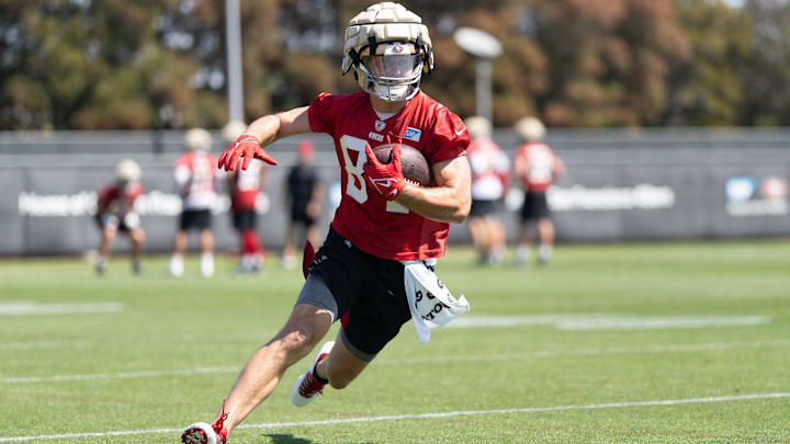 Jul 27, 2022; Santa Clara, CA, USA; San Francisco 49ers tight end Tanner Hudson (84) runs with the
