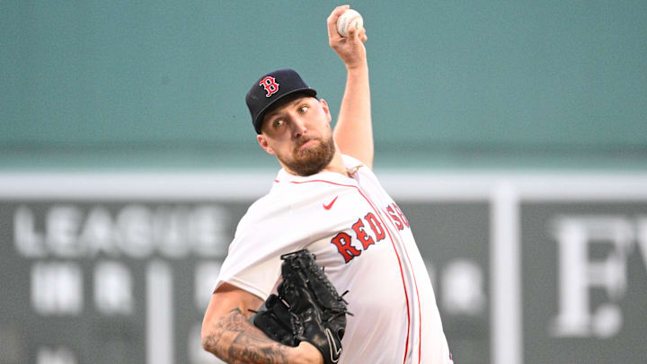 Boston Red Sox starting pitcher Garrett Crochet (35) pitches against the Cleveland Guardians during the first inning at Fenway Park.