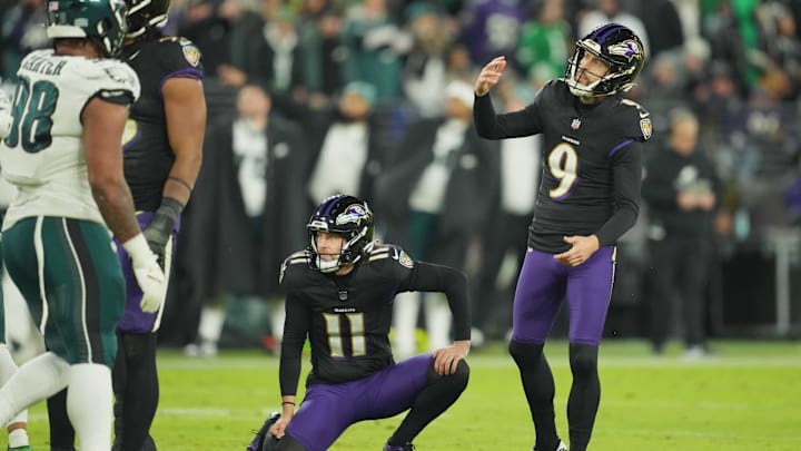 Dec 1, 2024; Baltimore, Maryland, USA; Baltimore Ravens kicker Justin Tucker (9) watches his failed third quarter field goal attempt against the Philadelphia Eagles at M&T Bank Stadium. Mandatory Credit: Mitch Stringer-Imagn Images