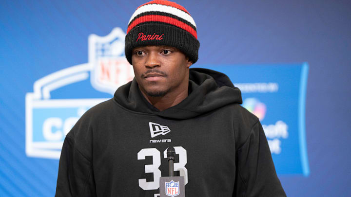 TCU defensive back Bud Clark speaks to members of the media during the NFL Combine.